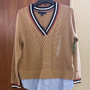 Tommy Hilfiger Camel V-Neck Sweater with Striped Trim